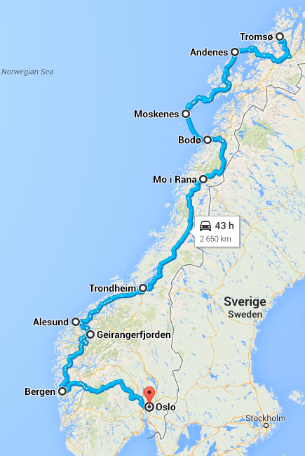 2650 kms Tromso Oslo